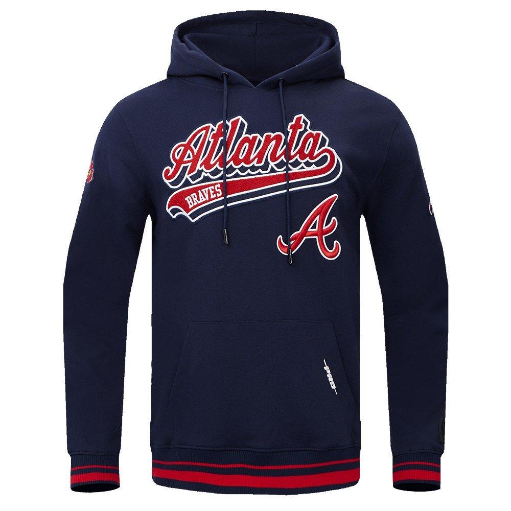 Pro Standard Men's MLB Atlanta Braves Script Tail Rib Fleece Pullover Hoodie - Navy/Red - NAVY/RED